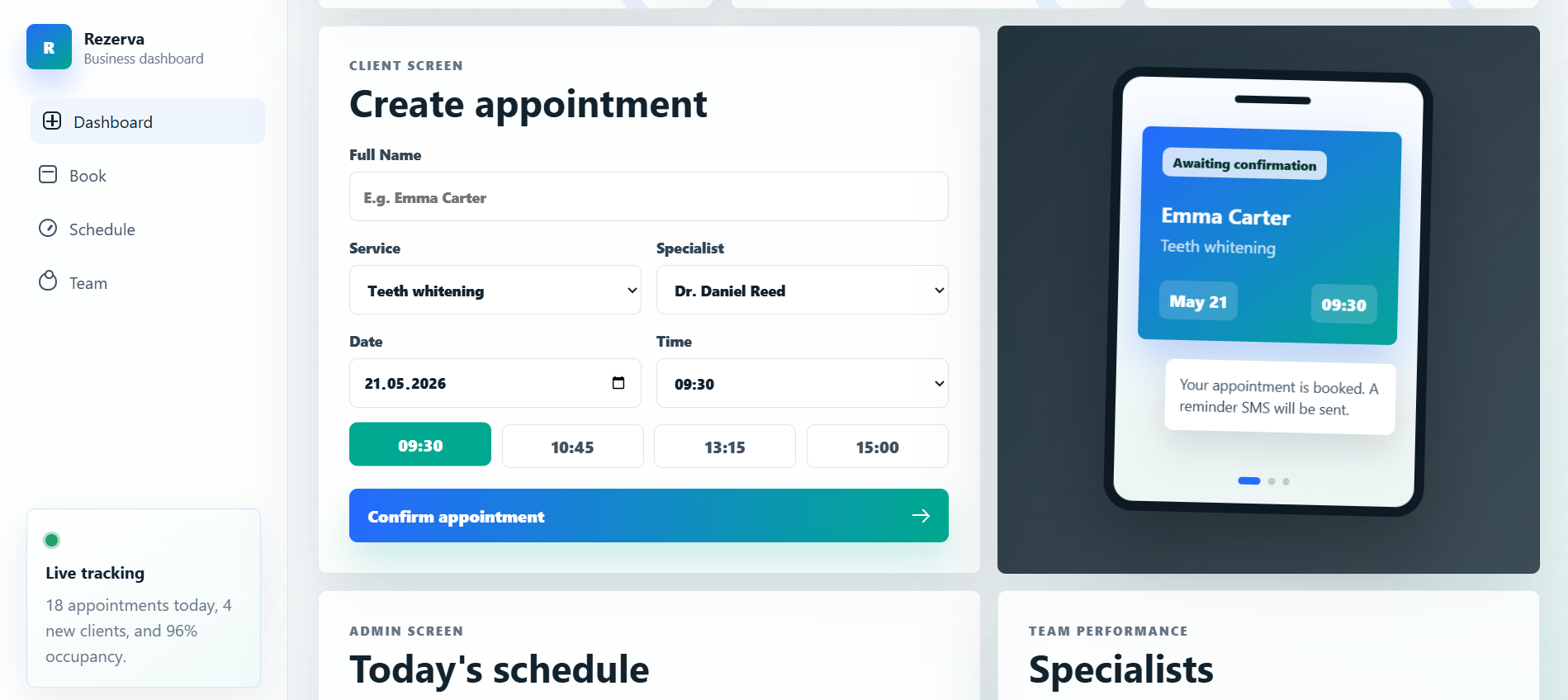 Rezerva appointment management dashboard screenshot